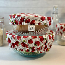 Load image into Gallery viewer, Reusable Apple Print Bowl Covers – 100% Cotton, Washable, and Eco-Conscious