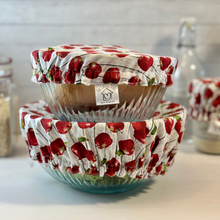 Load image into Gallery viewer, Reusable Apple Print Bowl Covers – 100% Cotton, Washable, and Eco-Conscious
