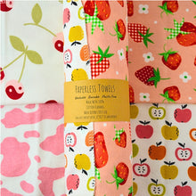 Load image into Gallery viewer, 24-Pack Paperless Towels – Fun Cow, Apple, Cherry &amp; Strawberry Prints for Eco-Friendly Living
