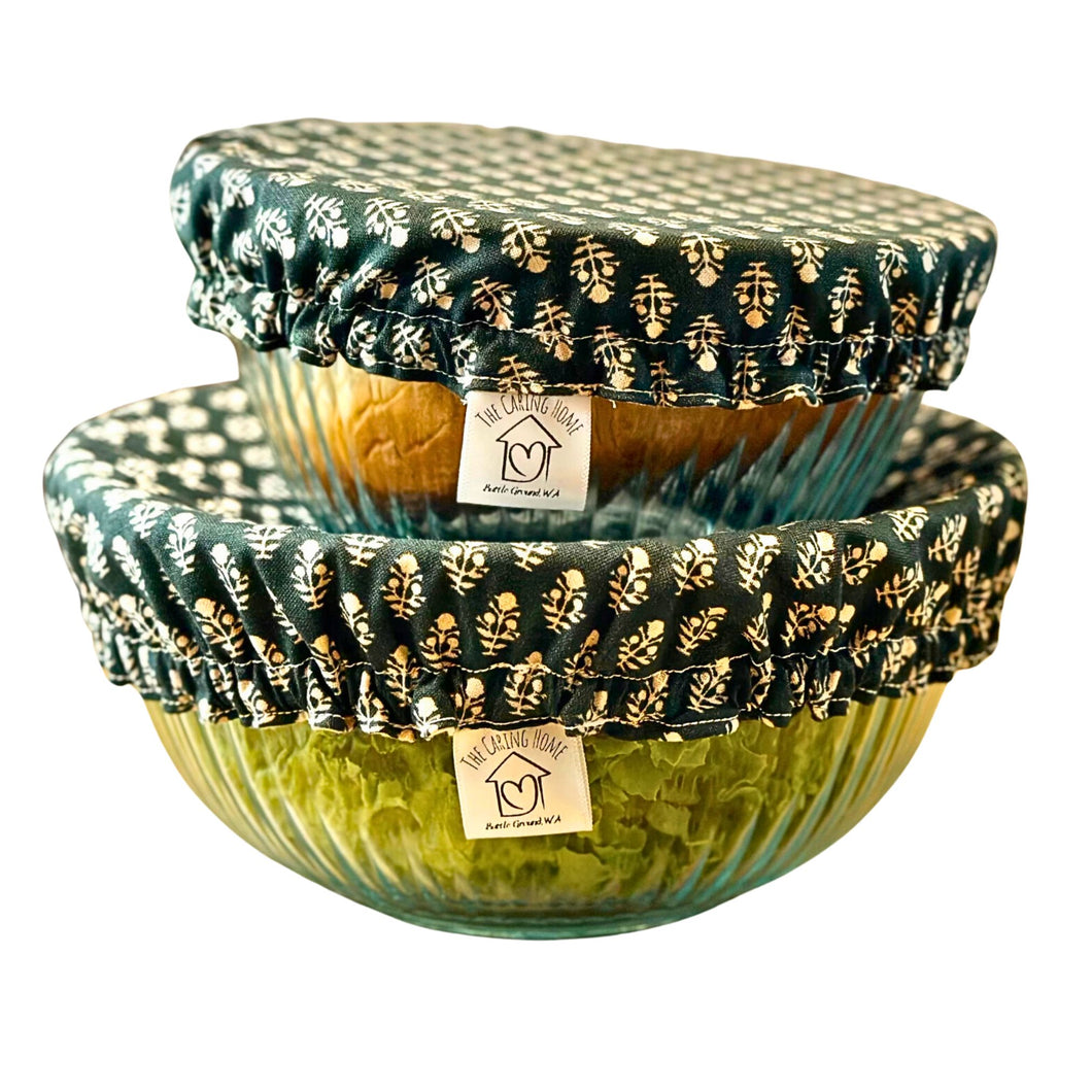 100% Cotton Bowl Cover with Green Folk Print – Reusable and Eco-Conscious Food Cover