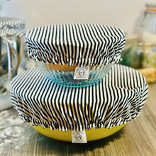 Load image into Gallery viewer, Reusable White &amp; Black Stripes Bowl Covers-Practical and Sustainable Cotton Food Covers
